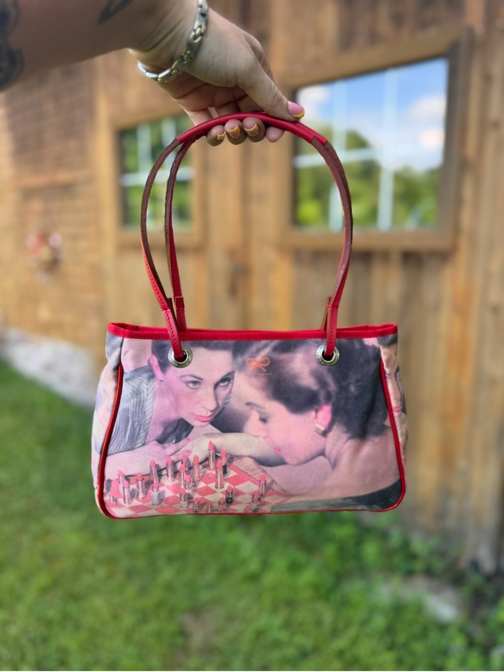 VTG Anya Hindmarch "Ladies Playing Chess" Vintage Photo-Print Tote Bag.